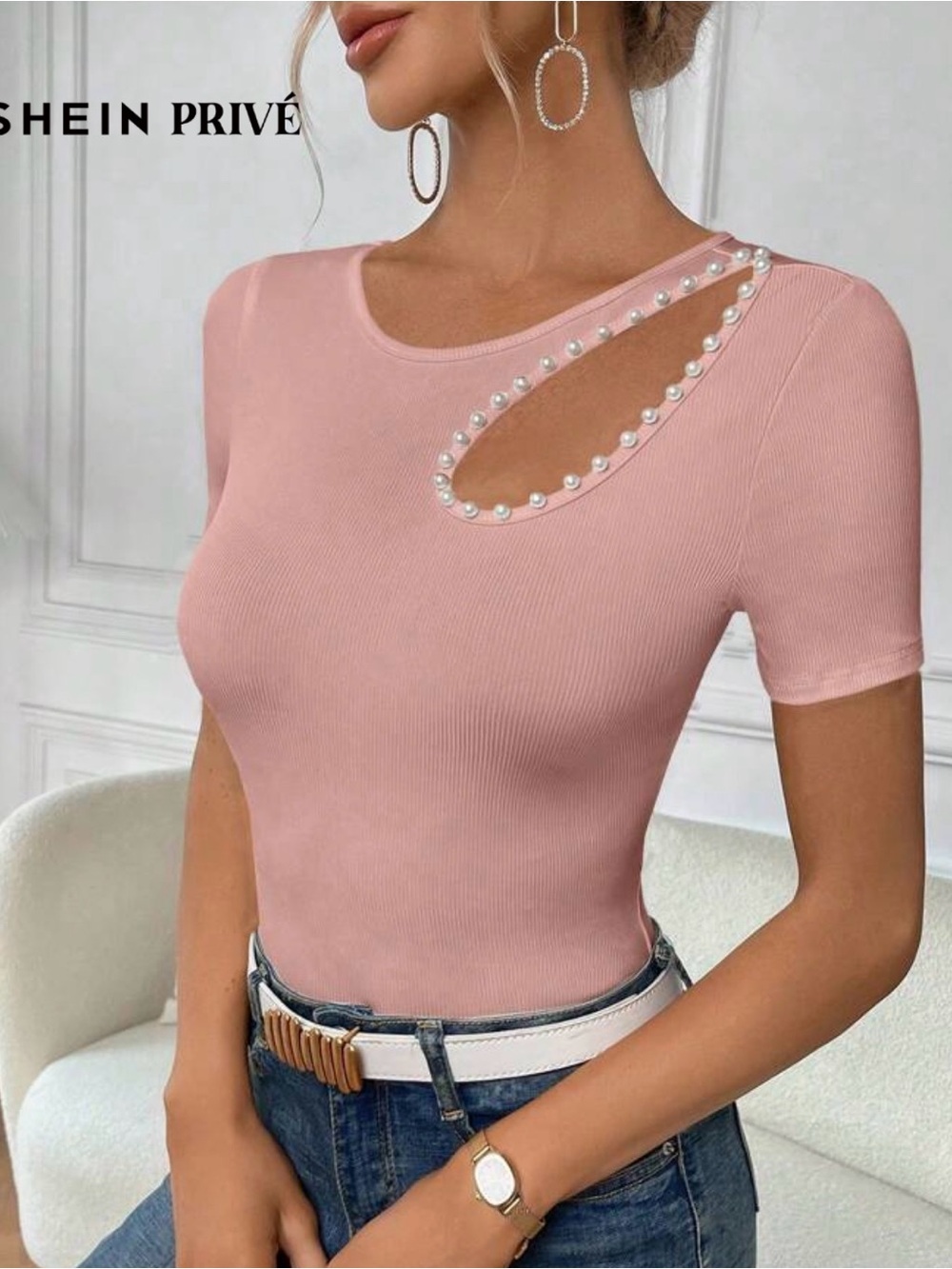 SHEIN Pink Pearl-Trim Cutout Ribbed Tee